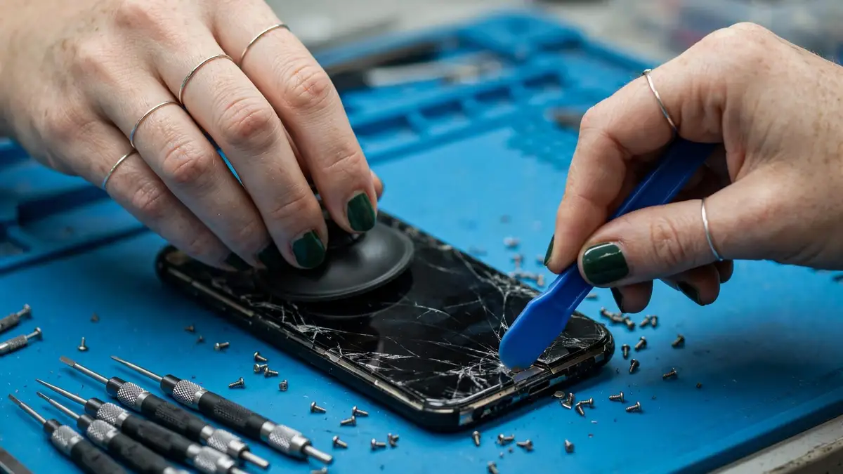 Unas manos con las uñas verdes abren un móvil con la pantalla rota sobre una alfombrilla azul de taller