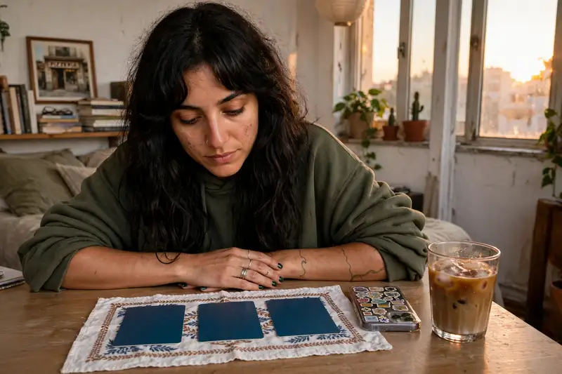 Tatiana en la mesa plegable de su habitación, mirando tres cartas boca abajo junto a su móvil de pegatinas y un café con hielo