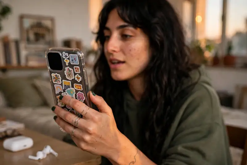 La mano de Tatiana, con las uñas verdes y anillos de plata, grabando un audio con su móvil de pegatinas