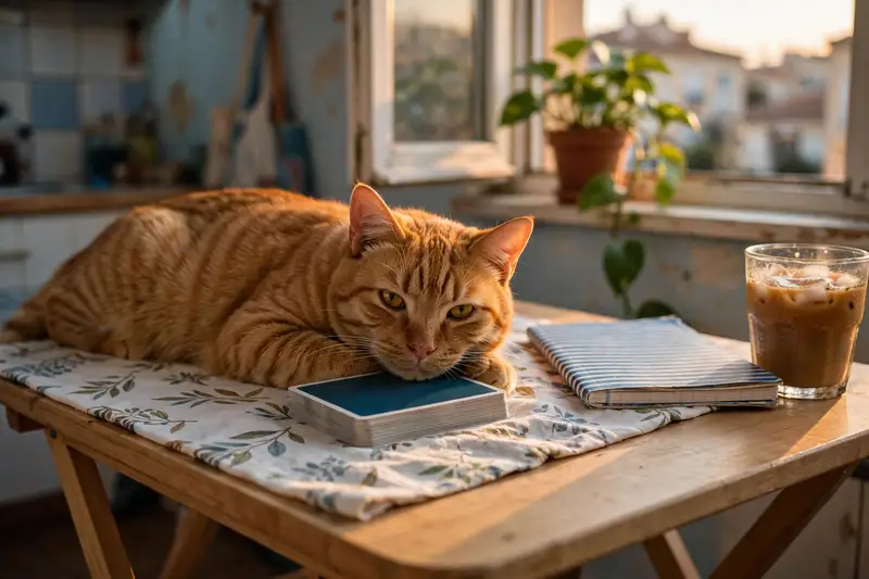Pistacho, un gato naranja, tumbado encima de la baraja boca abajo