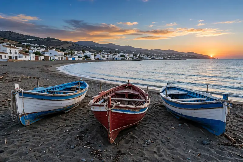 Barcas de pesca varadas en la playa de El Palo al atardecer, con las casas bajas del barrio al fondo