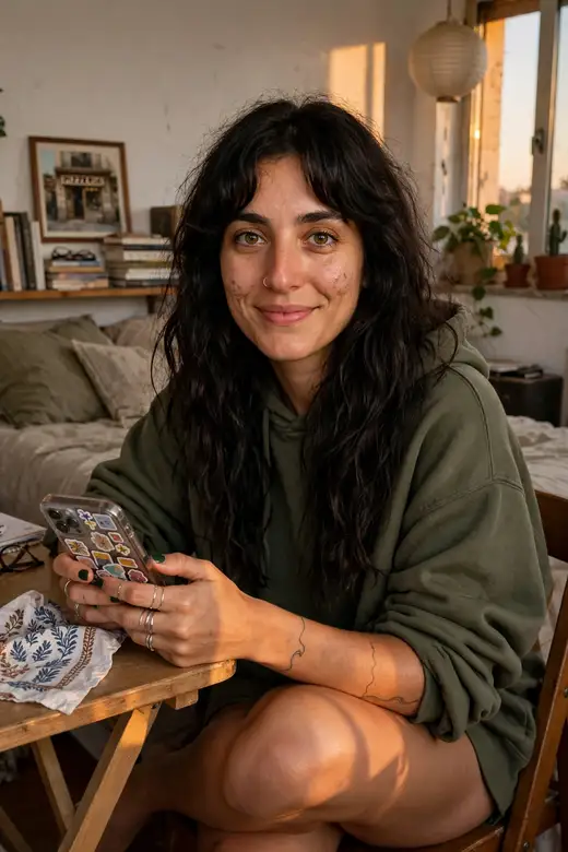 Tatiana sentada en su habitación con una pierna recogida, sonriendo, con el móvil de pegatinas en la mano